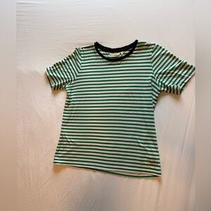 Green & White Striped Short-Sleeve Tee with Black Crew Neck